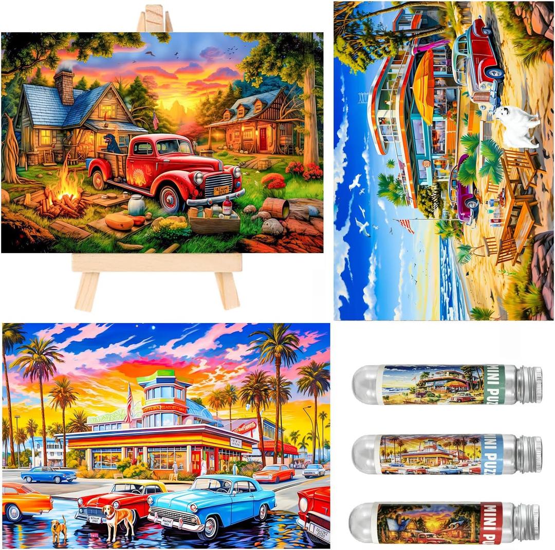 Small Jigsaw Puzzles for Adults 150 Pieces American Retro Illustration Mini Jigsaw Puzzles Challenging 6 x 4 Inches, 3 Pcs,Mini Easel Included