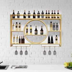 Metal Wine Rack Wall Mounted Bottle Glass Holder Hanging Shelf, Bar Unit Floating Wine Display Shelves Iron Liquor Shelf for Home Restaurant Bars Storage Stand (Gold, 55"x 5.9"x 31.5")