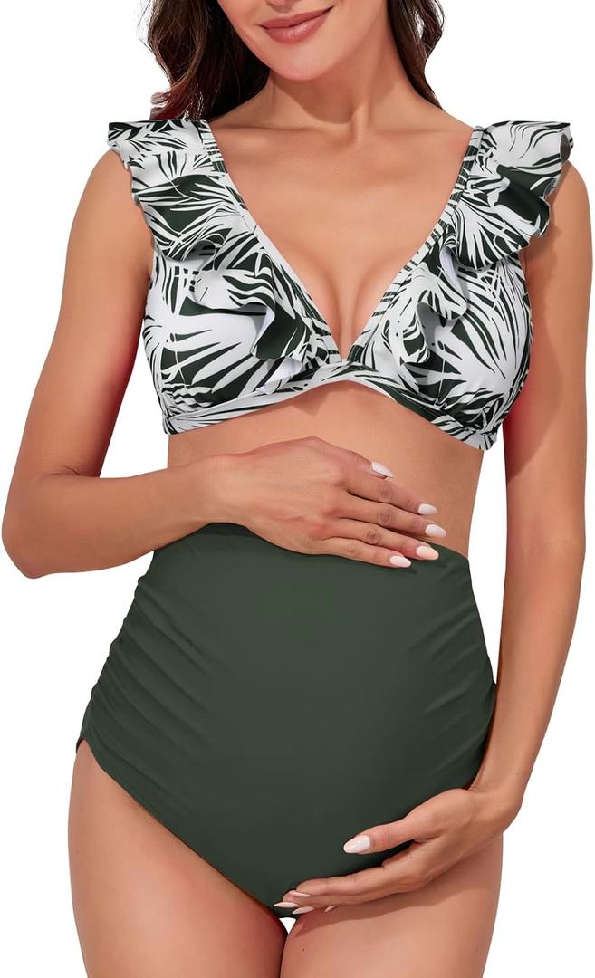 Summer Mae Maternity High Waist Swimsuit Two Piece Ruffle Bikini Bathing Suit Floral V-Neck Pregnancy Swimwear, 2XL