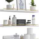 WOPITUES Floating Shelves 24 inch with Gold Metal Guardrail, Shelves for Wall Decor Set of 3, Wall Shelves for Bedroom, Bathroom, Kitchen, Living Room, Plants, Picture Frames, Art- White and Gold, 23.6 inch