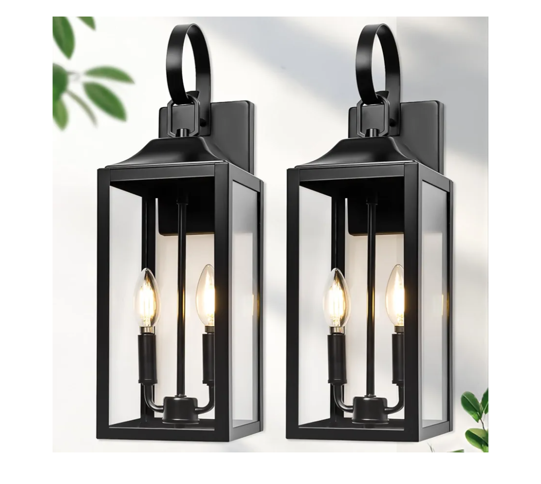 " Large Outdoor Wall Light - Black Outside Wall Mounted Light Fixture, Exterior Farmhouse Wall Sconce Lantern 2-Light, Modern Porch Lighting Exterior Lamp for House, Pack of 2 