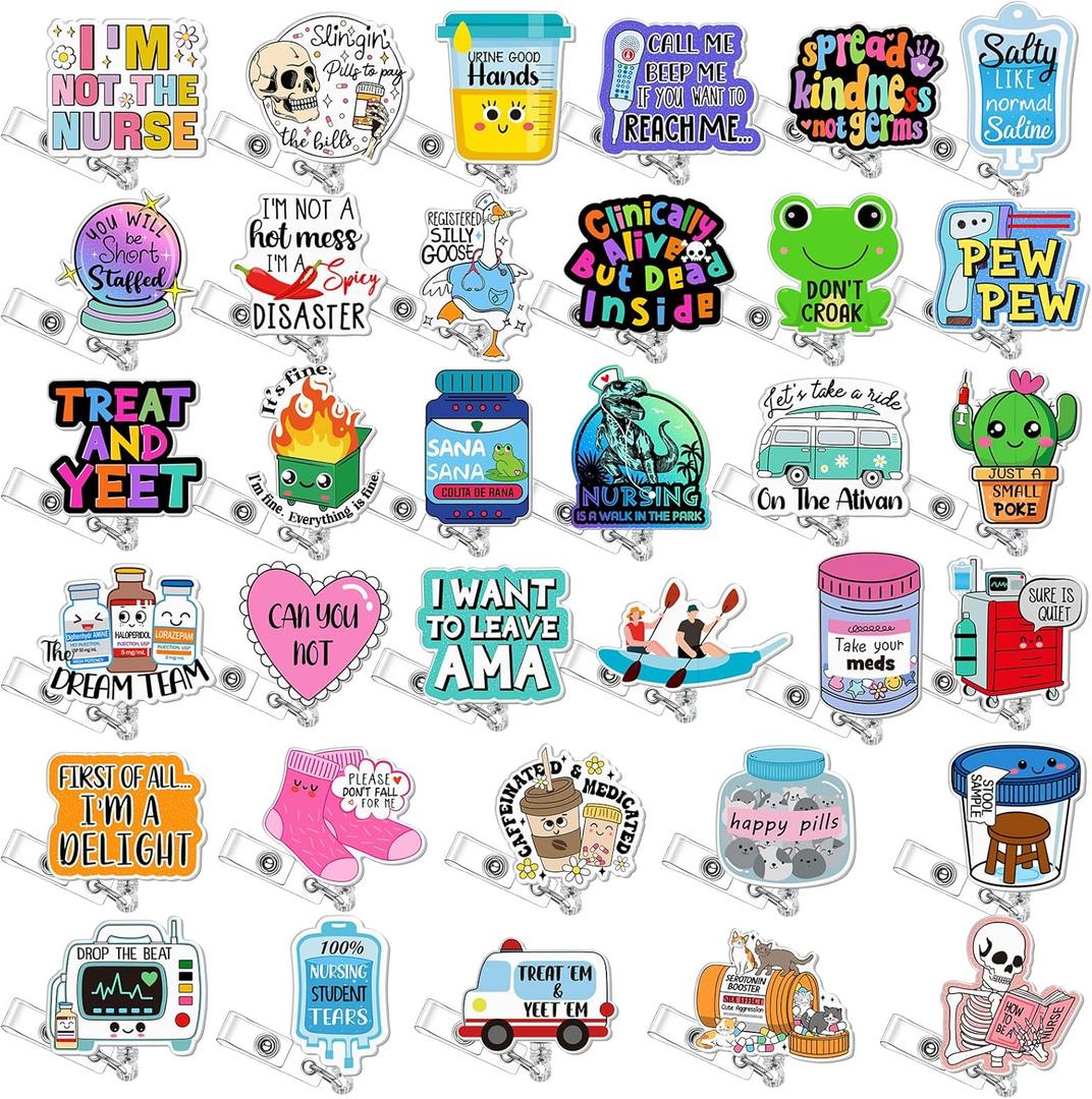 Geyoga 36 Pcs Funny Badge Reel Cute Nurse Badge Reel Retractable Nurse Quote Name ID Clip Cute Nursing for Doctor Teacher Employee Office Assistant Supplies Bulk Gifts(Medical)