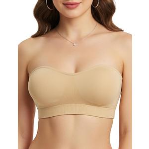 Strapless Bras for Women, Non-Slip Silicone Bandeau Bra, Wireless Padded Bralette Push Up Bra Seamless Tube Top (Large, Nude)