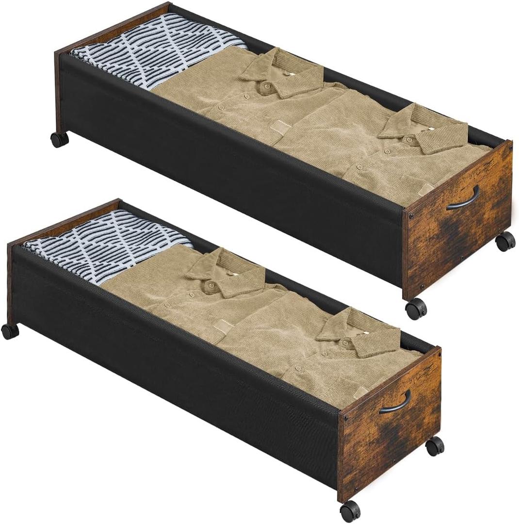 FOUCSSOMEI Under Bed Storage with Wheels, Wooden Under Bed Drawers On Wheels, Rolling Under Bed Shoe Storage, Space Saving,Rustic Brown,80L