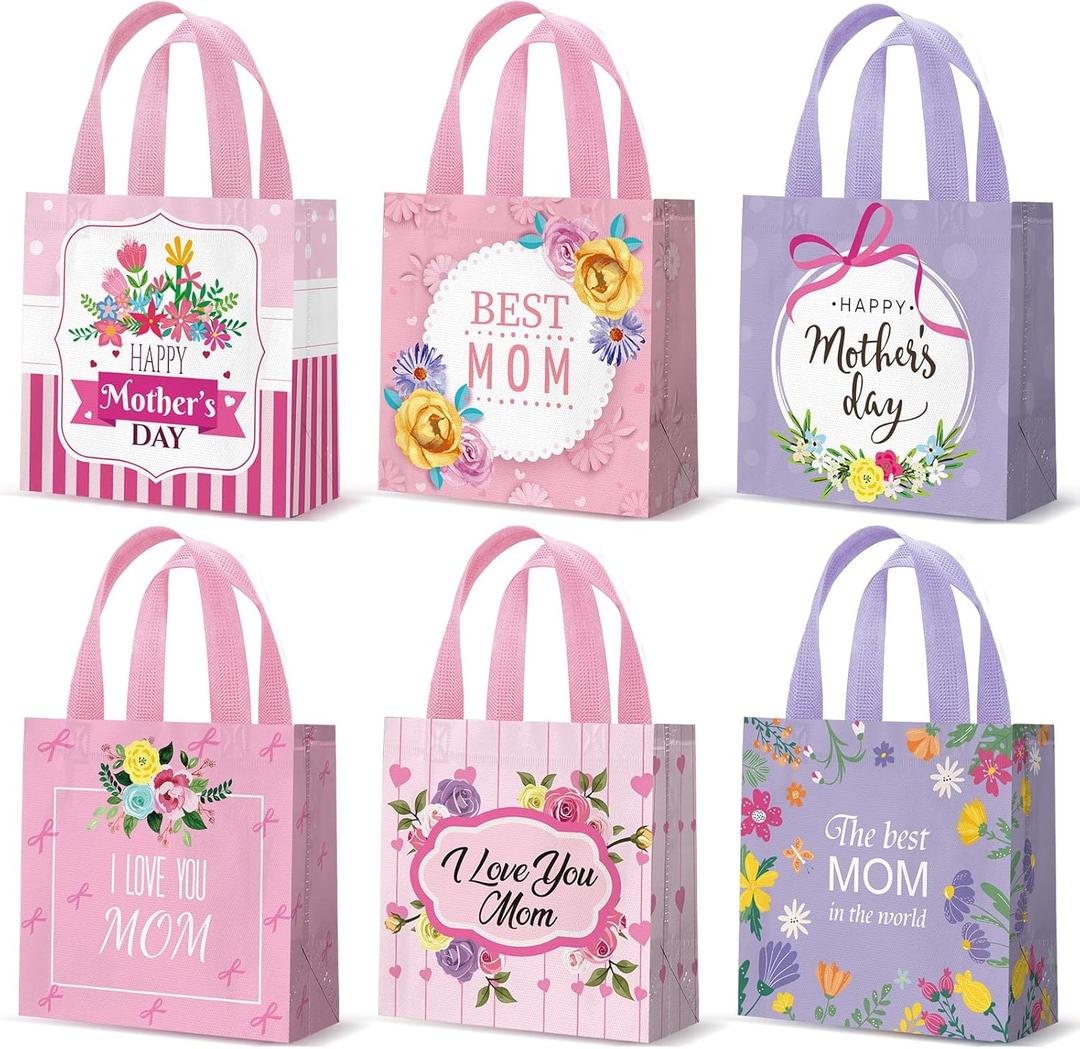 Reallnaive 24 Pcs Mother's Day Gift Bags Bulk Mother Themed Party Goodie Treat Bags with Handles Reusable Best Mom Tote Non Woven Wrap for Birthday Decoration Party Supplies Favor