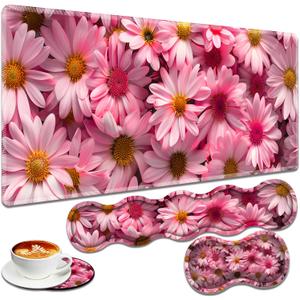 Large Gaming Mouse Pad + Keyboard Wrist Rest + Wrist Support + Coaster Set, Memory Foam Ergonomic for Easy Typing, XXL Extended Gaming Mouse Pad Table Pad - Pink Daisy, 17.32 x 3.53 inches