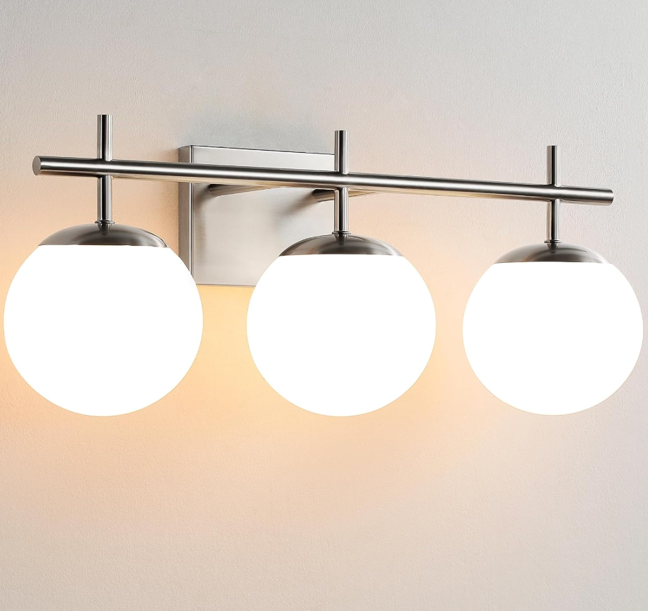Bathroom Light Fixtures over Mirror, 3-Light Brushed Nickel Vanity Lights for Bathroom, Mid-Century Modern Vanity Light with Milky White Globe Glass Shades, 22.4 Inch Sconces Wall Lighting for Bath