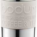 Bodum Travel French Press Coffee Maker Set, Stainless Steel with Extra Lid, Vacuum, 0.35 L/12 oz, White