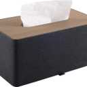 High-end Pu Leather Tissue Box Holder Two Color Combination-Linen and Wood Grain,Rounded Rectangle Napkin Paper Case Dispenser for Home Bathroom Dresser Offices Car Tissue Cover (Black)