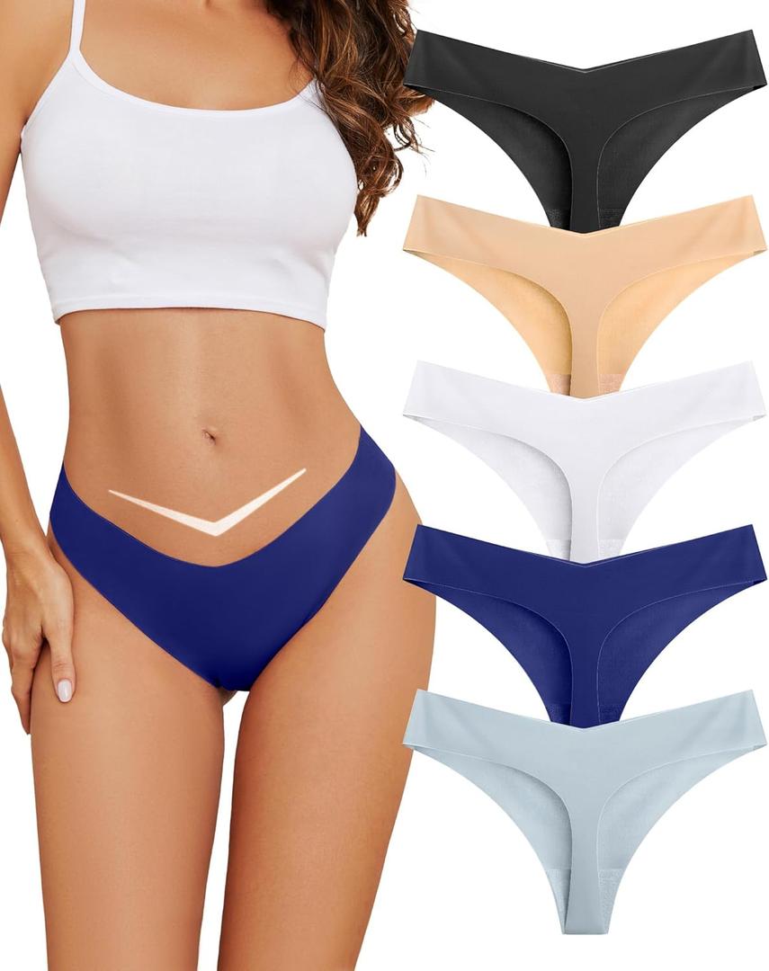 voenxe Seamless Thongs for Women, No Show Ladies Underwear, Invisible Comfortable Panties, Low Rise Gym Workout Undies,5 Pack (Basic)