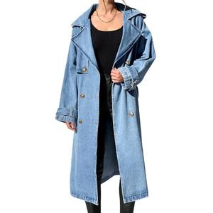 Fazortev Women's Long Double Breasted Denim Jacket Oversized Button Down Maxi Jean Coat Classic Lapel Outercoat. size small