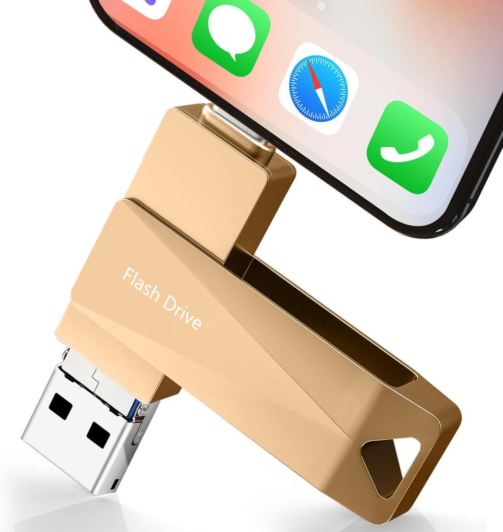 512GB Photo Stick for Phone, Qainerly USB Flash Drive for Phone All Models, 4-in-1 Design Transfer Storage, iPad/PC/Android (gold)