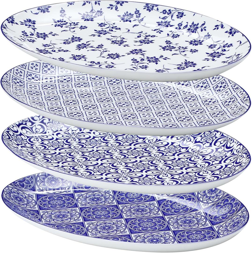 LemonRoad Ceramic Dessert Plates Set of 4, 12 Inch Porcelain Serving Platters, Blue and White China Oval Serving Dishes for Kitchen Fruit Sandwich Appetizer, Microwave And Dishwasher Safe