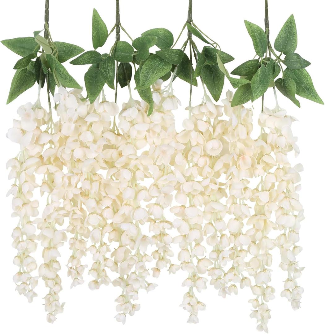 IPOPU Ivory Artificial Wisteria Flower for Outdoors 4PCS Silk Wisteria Hanging Flower Faux Hanging Flowers for Home Wall Arch Party Wedding Decor(Ivory)