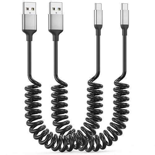 Coiled USB C Cable for Car 2Pack, 3A USB Type C Charger Cable Fast Charging, Retractable Android USB A to USB C Charge Cord for iPhone 17 16 15 Pro Max Plus, Galaxy S24 S23 S22, Note 20 10, Moto G, LG