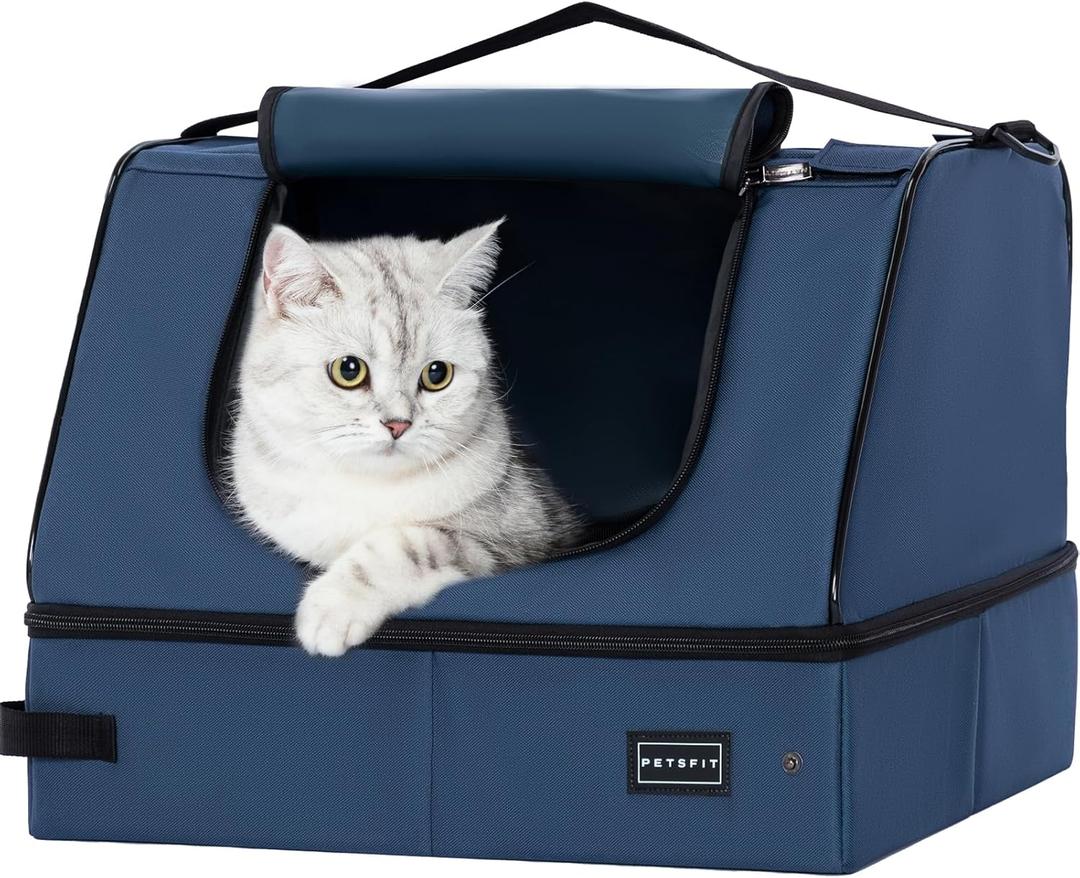 PETSFIT Travel Litter Box for Cats - Removable 2-Layer Leak-Proof Lining, Scratch-Resistant Fabric with Sturdy Support Frame, Cat Collapsible & Travel Litter Box Navy Blue (17"Lx13"Wx13"H)