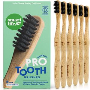 SmartLifeco Charcoal Bamboo Toothbrushes PRO - Extra Soft Natural Bristles for Adults & Kids Teeth | Zero Waste Bulk Wooden Tooth Brush | BPA Free, Eco-Friendly, Vegan - 6 Pack
