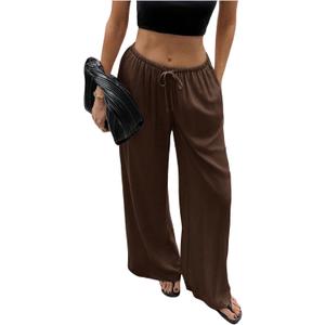 SHENHE Women's Summer Linen Low Rise Drawstring Wide Leg Beach Palazzo Pants Trousers, Medium