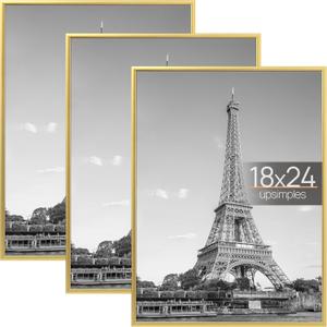 upsimples 18x24 Picture Frame Gold 3 Pack, Scratch-Proof Poster Frames 18 x 24 for Photo Gallery - Slide-In Strips, Horizontal or Vertical Wall Mounting