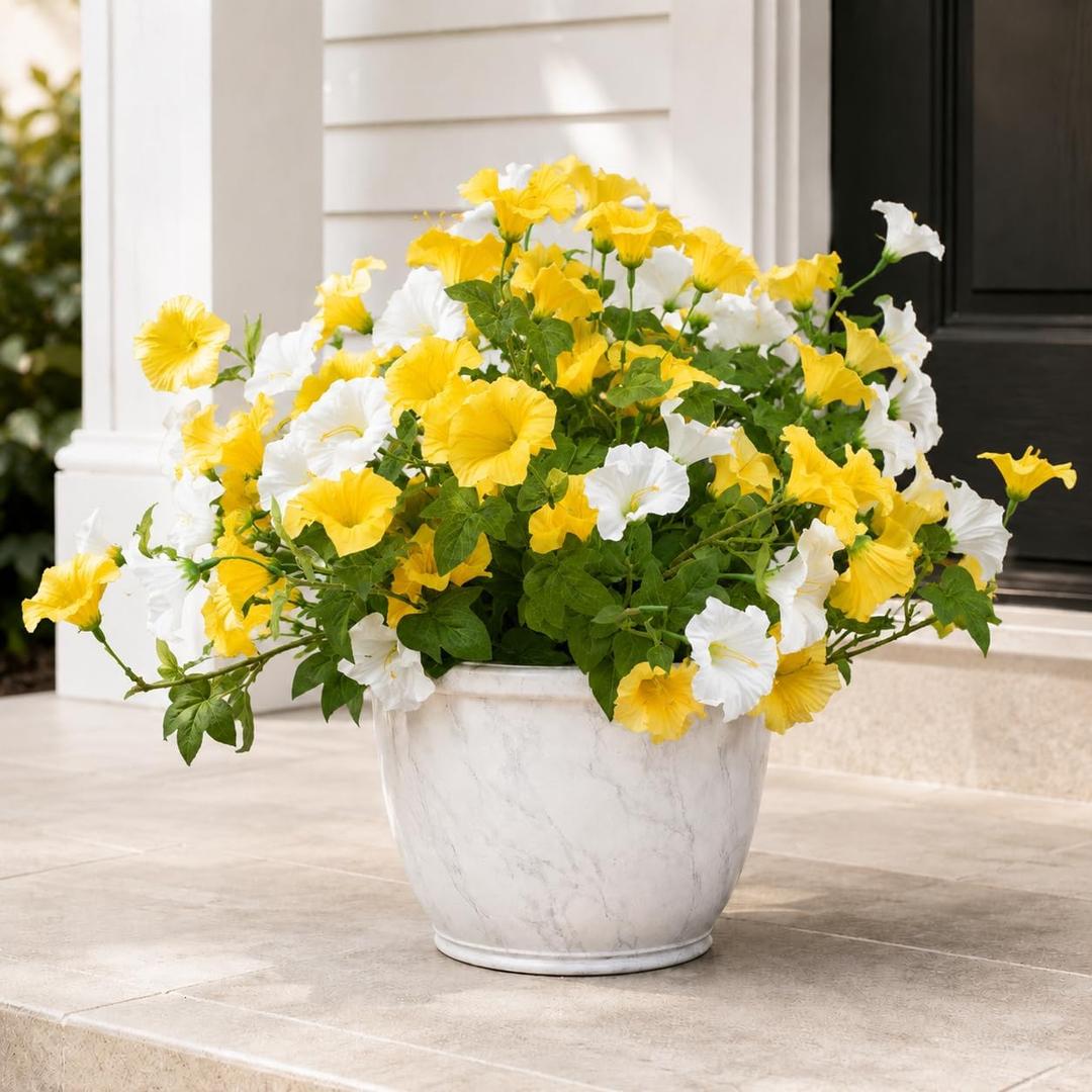 4 Pcs Artificial Petunia Flowers for Outdoors, UV Resistant Fake Flowers Morning Glory, Realistic Artificial Plants for Garden Porch Window Box Balcony Patio Yard Planter Decor (Yellow White)