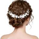 Avxdbr Bride Wedding Hair Vine Floral Head Piece Pearls Handmade Hair Piece Rhinestone Headband for Women for Wedding Engagement Party Pack Of 4