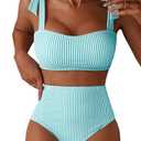 Herseas Women's Tie Shoulder Bikini Sets 2 Piece Striped Swimsuits High Waisted Bathing Suits M