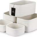 5-Pack Small Woven Rope Storage Baskets  2 Sizes Organizer Bins for Closet, Shelf, Bookshelf, Nursery, Changing Table, Fabric Cube Boxes, Rectangular Shallow Bins for Bathroom, Toy & Home (11.81*7.48*4.72'' & 5.91*5.91*2.56'', White)