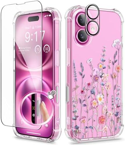 GVIEWIN for iPhone 16 Case, with Screen Protector & Camera Lens Protector, Floral Shockproof Protective Bumper Slim Soft Clear Phone Cover for Women 2024 6.1"(Floratopia/Colorful)