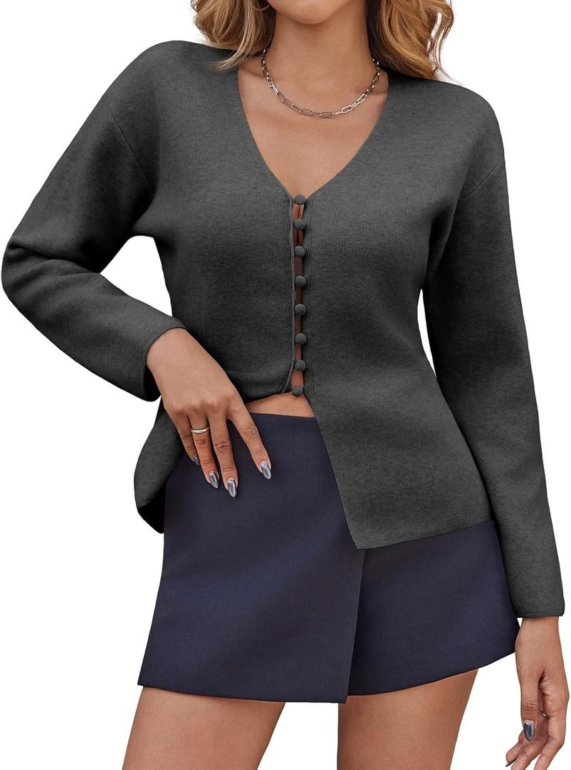 Saodimallsu Womens V Neck Cardigan Sweaters Button Up Fall Trendy Front Split Long Sleeve Sweater Blazer (Gray)
