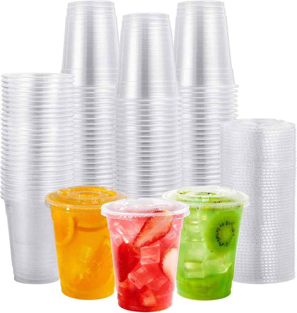 FOCUSLINE 200 PACK 12oz Clear Plastic Cups, Disposable Cold Drinking Cups, 12 Ounce Clear Cups with Flat Lids with Holes for Smoothie, Milkshake, Bubble Tea, Parfait