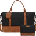 Oeihuivt Weekender Bags for Women - 21 Inch Large Travel Duffel Bag 2-Piece Set with Shoe Compartment, Heavy-Duty Canvas Leather Carry On Overnight Tote (Brown-Black)