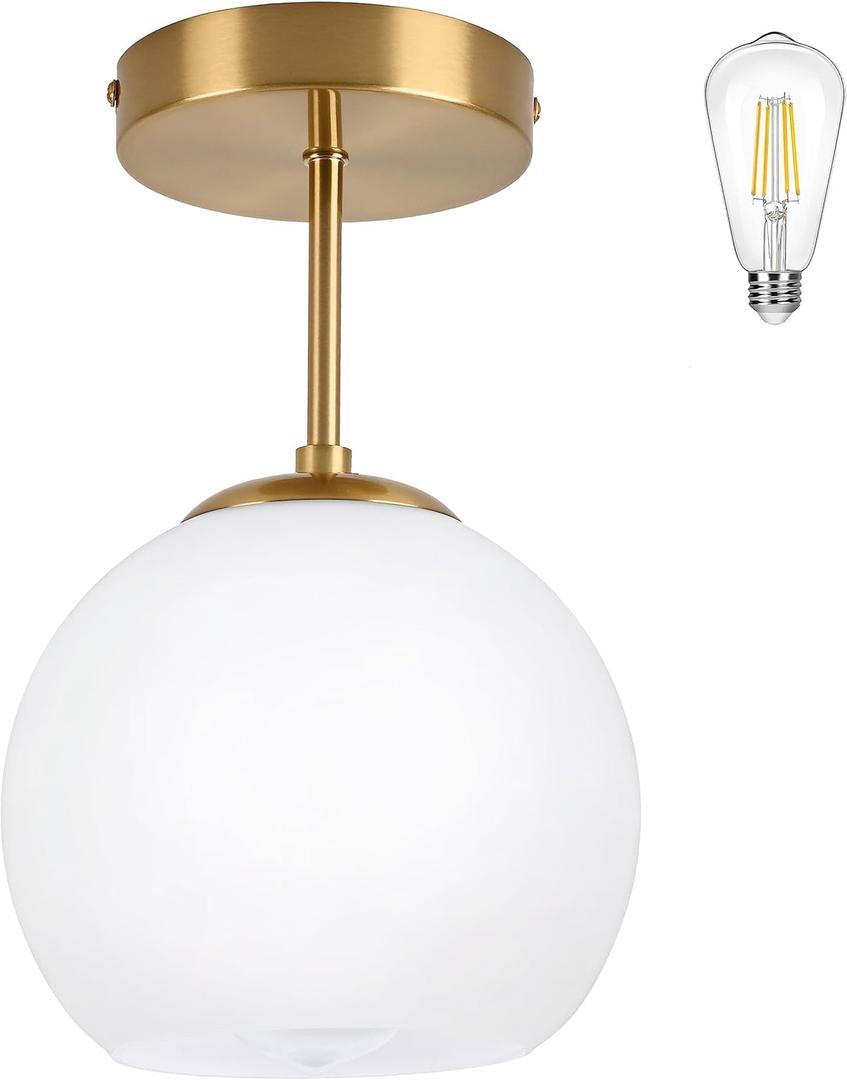 Gold Semi Flush Mount Ceiling Light Fixture Milk Glass Light Fixture Mid Century Flush Mount Ceiling Light Brass Flush Mount Ceiling Light Schoolhouse Light Fixture for Dining Room(Bulb Incl.) (Opal Gold)