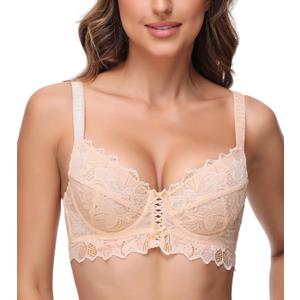 Women Underwire Full Coverage Sexy Lace Everyday See Through Bra No Pad Plus Size Unline Bralette Lingerie (40C, Beige)