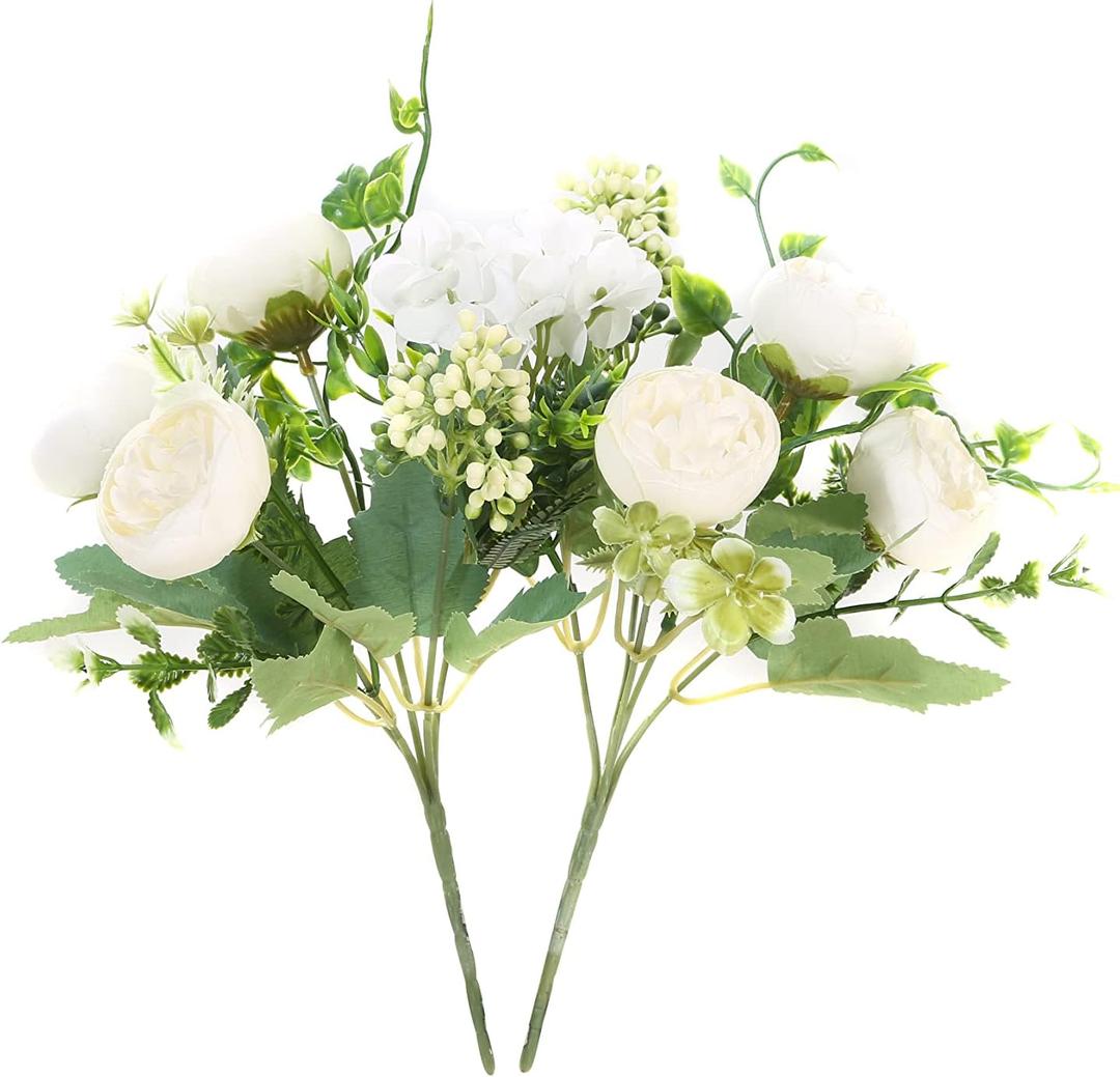 Artificial Flowers Fake Peony Silk Mini Plastic Bridal Flowers for DIY Wedding Bouquets Home Decorations 2 Packs (Cream)