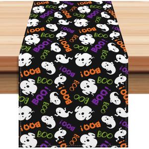 Halloween Ghost Table Runner 13x72 Inches, Black Boo Holiday Indoor Outdoor Table Decoration for Home Decor, Halloween Party Decoration Spooky Table Decor for Kitchen Dining Fireplace