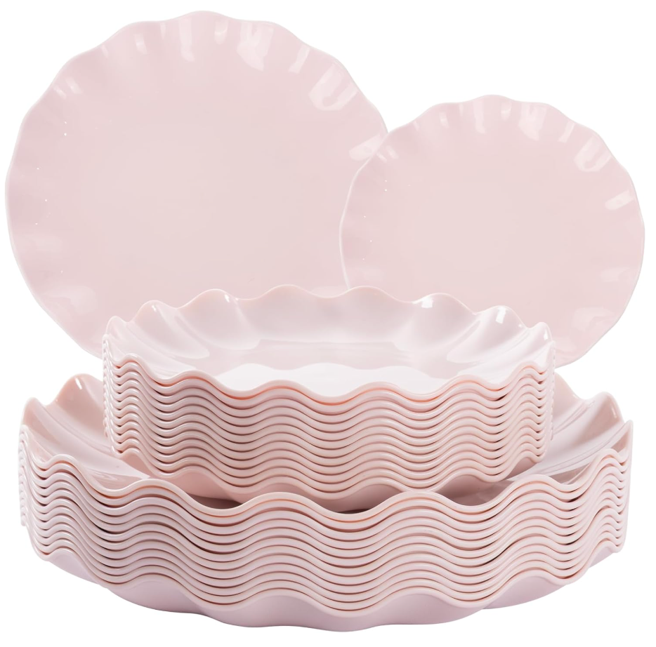 LIYH 24 Pcs Pink Plates Reusable, Pink Plastic Scalloped Plate Durable and Dishwasher Safe,Baby Shower Plate, Light Weight Daisy Plastic Wavy Plates for Wedding Party Birthday
