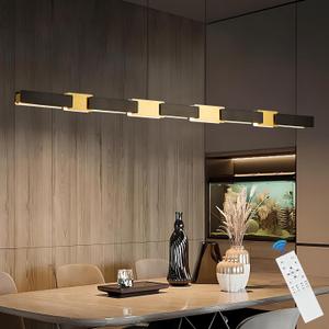 52in LED Linear Pendant Light Dimmable Black Gold Chandelier Kitchen Island Light with Remote Control 3 Colors Modern Linear Chandelier Light for Dining Room Home Office Study Bar