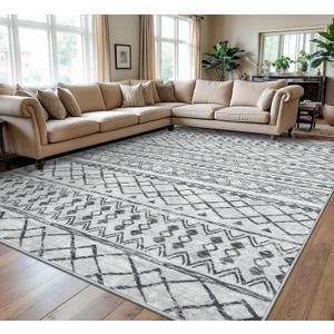 KUTA Washable Rugs 9x12 Grey, Moroccan Boho Large Area Rug Non-Slip, Ultra Soft Geometric Tribal Traditional Farmhouse Carpet for Living Room Dining Room Bedroom Dorm Office Home Decor (9' x 12' (Rectangular))