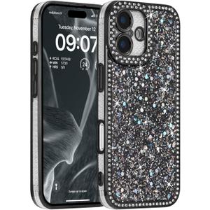 FABSPARK Case for iPhone 16,Glitter Crystal Diamond Rhinestones Sequin Shiny Bling Sparkly Glossy Luxury Electroplated Case,Aesthetic Cute Full Protection for iPhone 16,Black