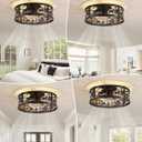 Farmhouse Rustic Caged Ceiling Fan with Light Flush Mount, Black Chandelier Low Profile Ceiling Fans with Lights and Remote, Bear and Deer Design Fandelier for Bedroom, Living Room, Kids Room, Cabin