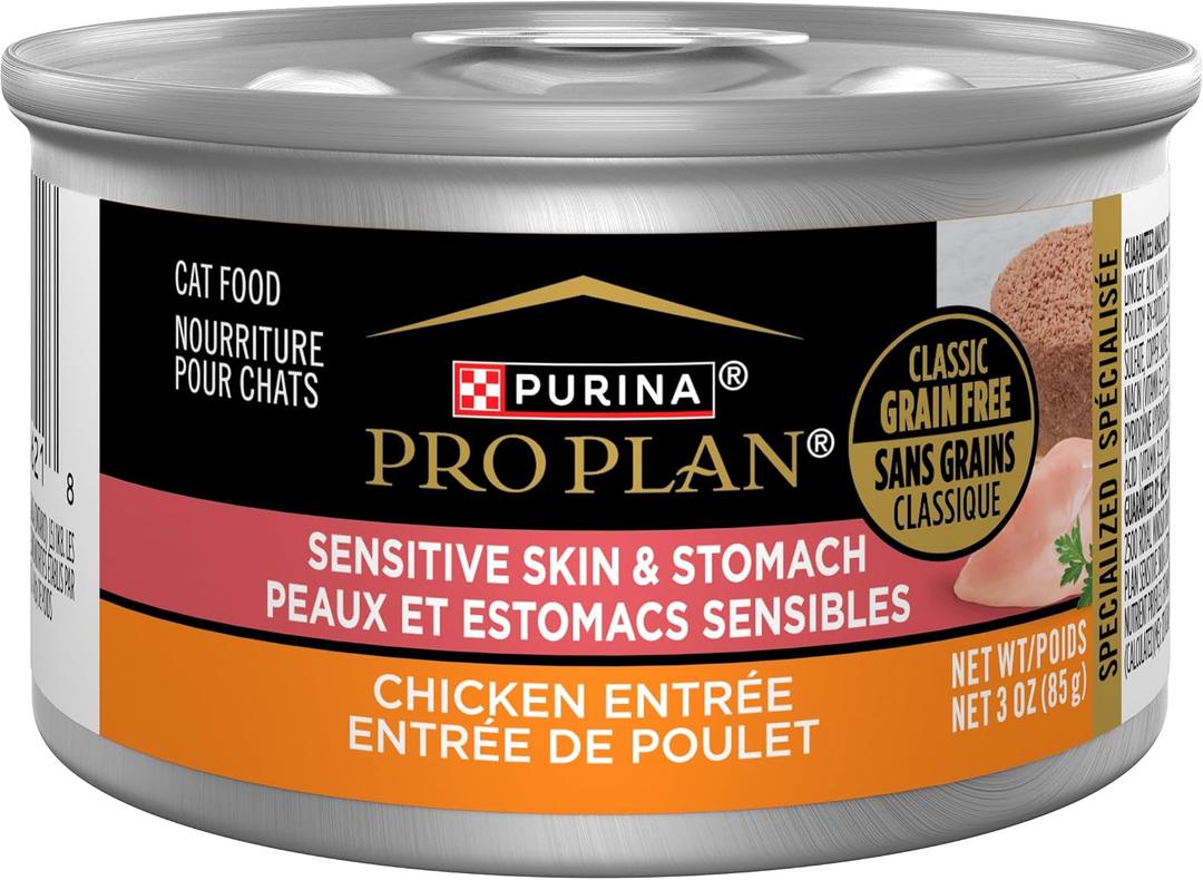 Purina Pro Plan Sensitive Skin & Stomach Wet Cat Food Pate, (24) 3 oz Cans Grain-free cat food made with real chicken, natural prebiotic fiber for digestive health, nourishes skin and coat health Amazon's Choice, BBD: JUL/2028