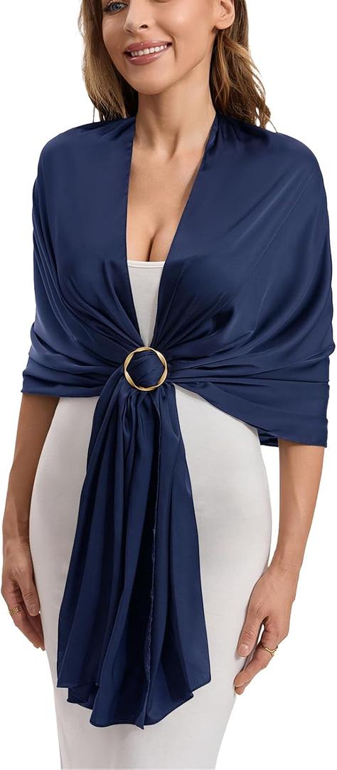Satin Shawl Wraps for Women with Free Buckle Evening Dresses Wedding Bridal Party Silky Shawl Scarf Formal Cover Up, Navy Blue