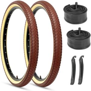 Hycline 26x2.125 Cruiser Bike Tires Set: 2-Pack 26-inch Premium Butyl Rubber Puncture-Resistant Folding Replacement Bicycle Tires for Beach Cruiser and Urban Commuting Bicycle (Brown)