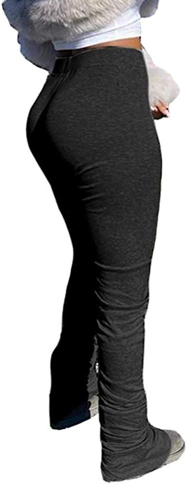 Womens Stacked Leggings Pants, Ladies Casual High Waist Sweatpants Solid Color Split Hem Flare Pants, Workout Active Pants, 3XL