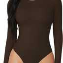 MANGOPOP Round Neck Long Sleeve Short Sleeve Bodysuits for Women Basic Body Suit Shirts Tops (Medium)