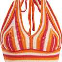 Verdusa Women's Colorblock Striped Crop Halter Top Tie Backless V Neck Going Out Tops (Large, Orange Red)