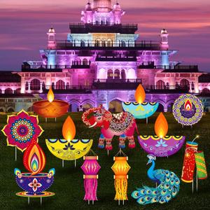 Amyhill 12 Pcs Happy Diwali Yard Sign Lawn Decor Lights Festival Party Signs Waterproof Happy Diwali Yard Outdoor Decorations with Stakes for Indian Lights Holiday Party Lawn Ornaments Decorations