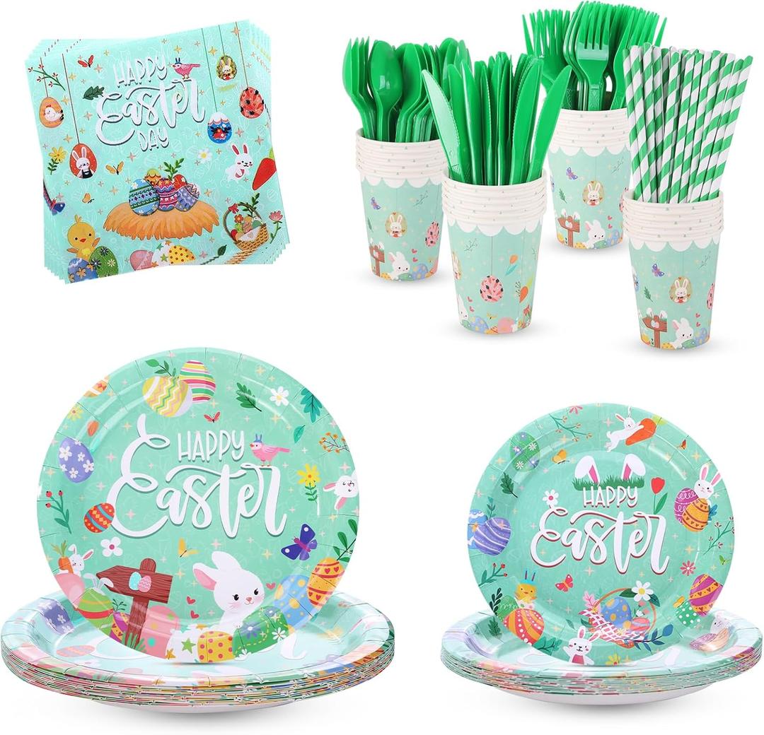 192 Pcs Easter Plates and Napkins Set Party Decorations Birthday Decorations Paper Plates Napkins Cups Forks Tablecloth Banner Bow Tableware Serve 24