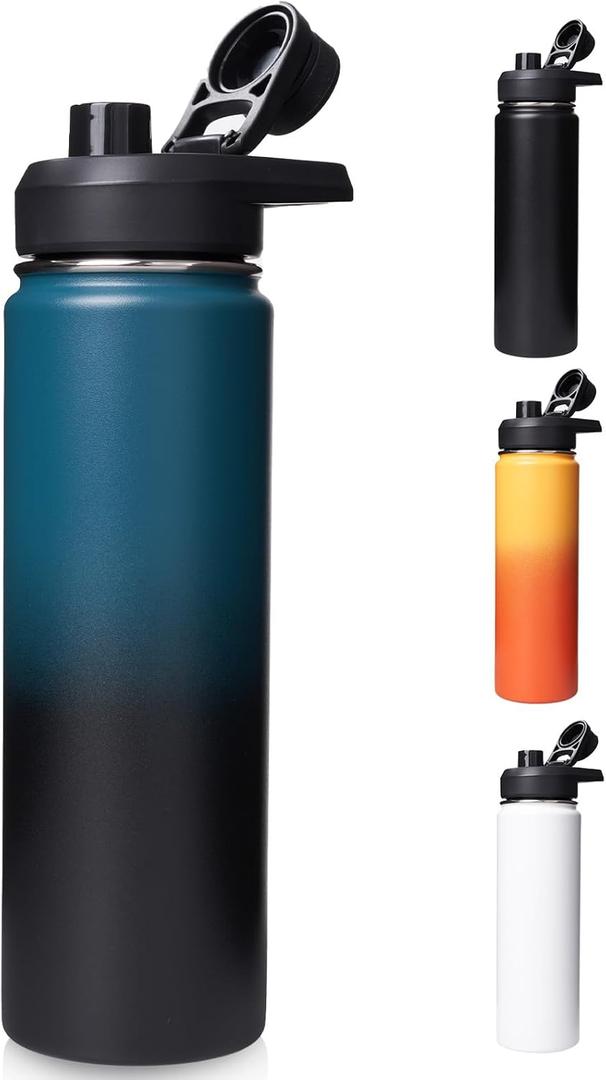 24 oz Insulated Water Bottle with Handle, 304 Stainless Steel Water Bottles with Wide Mouth, Double Wall Vacuum Sports Water Bottle, BPA Free, Keep Cold and Hot, Blue&Black
