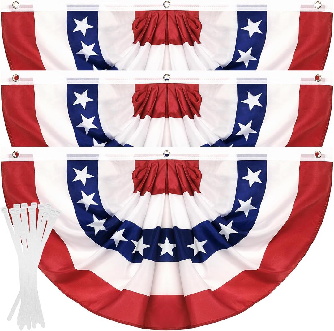 3 Pack USA Pleated Fan Flag, 2 X 4 FT American Flag Bunting with Brass Grommets and Zip Ties, Memorial Day Independence Day Patriotic Half Fan Banner Flag Decoration 4th of July Decorations Outdoor